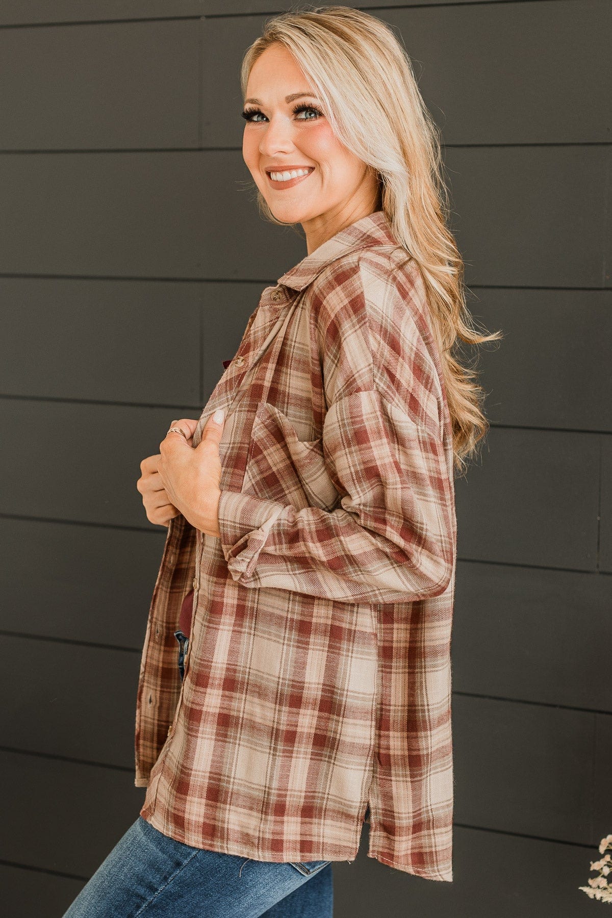 Like Clockwork Plaid Button Top- Maroon