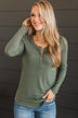 Rise To The Top Long Sleeve Henley Top- Dark Sage