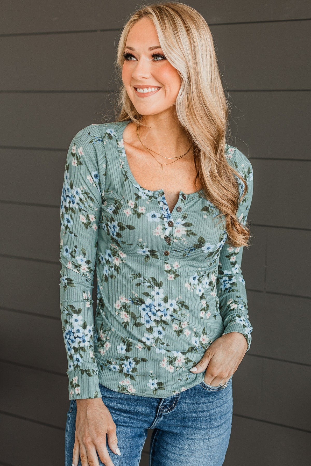 All Together Now Floral Henley Top Sage The Pulse Boutique