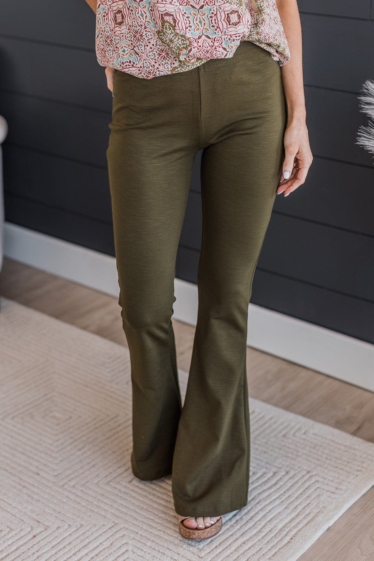 One Foot Forward Knit Flare Pants- Dark Olive