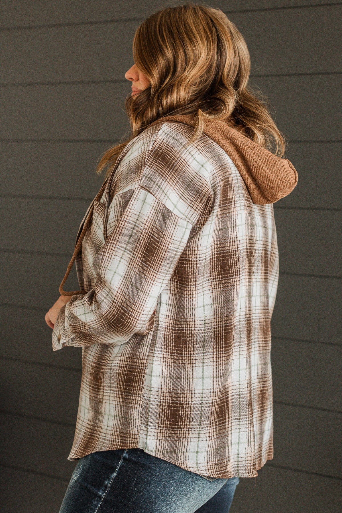 At Your Leisure Hooded Plaid Top- Brown