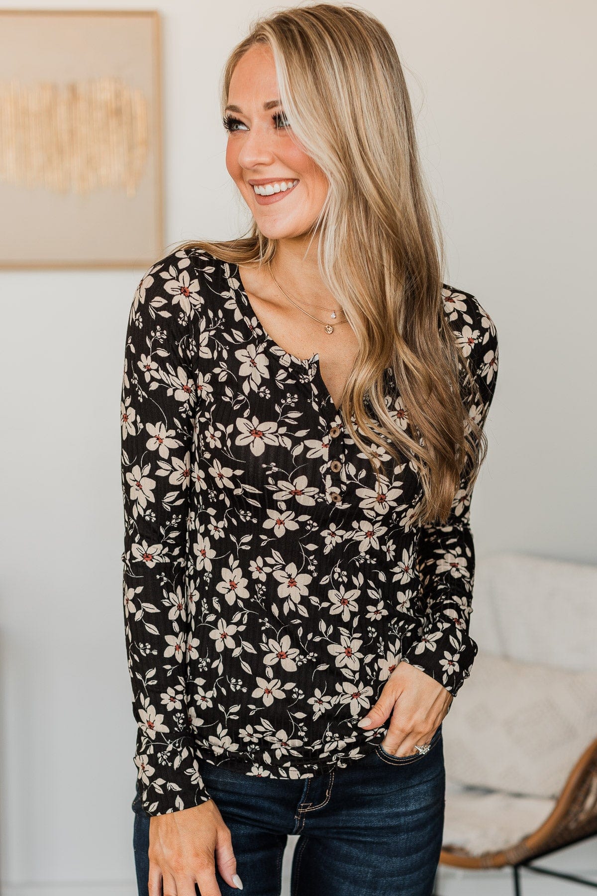 All Together Now Floral Henley Top- Black