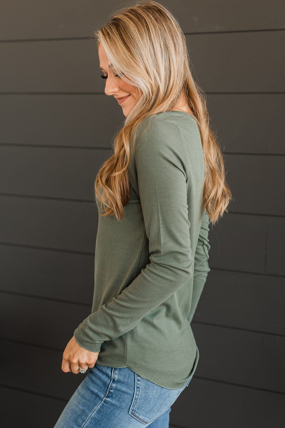 Rise To The Top Long Sleeve Henley Top- Dark Sage