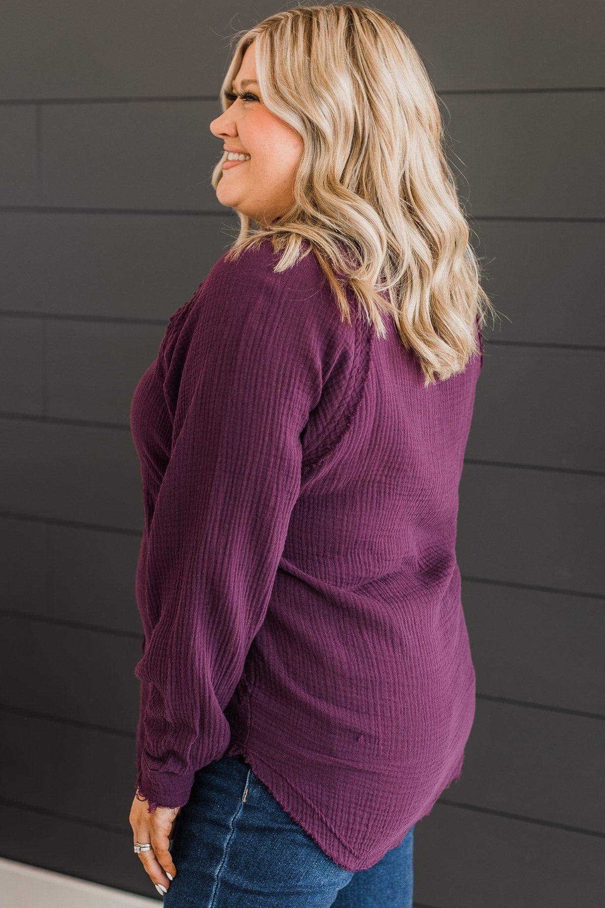 All Around Amazed Button Top- Eggplant
