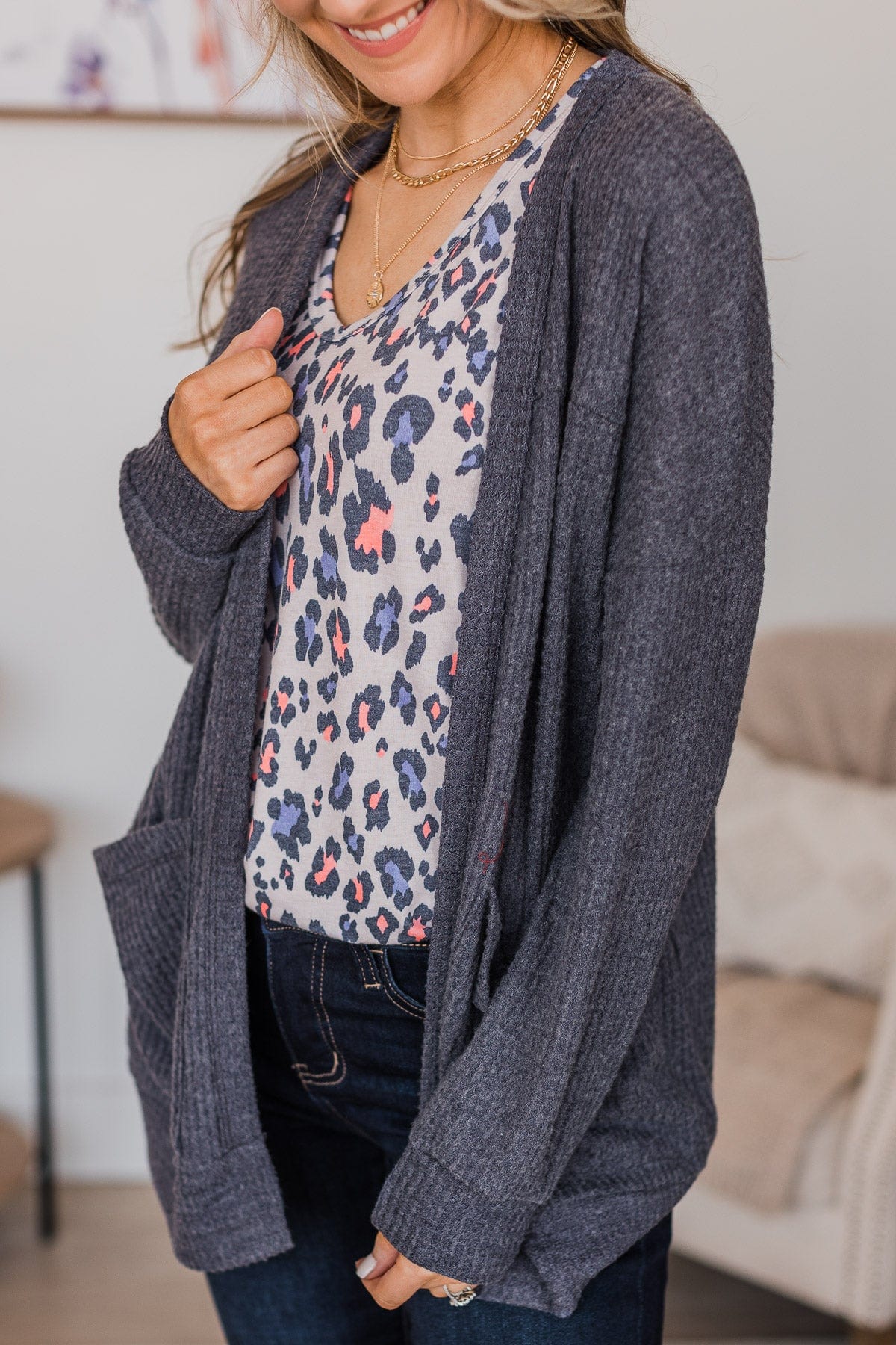 Stay Sweet Waffle Knit Cardigan- Navy