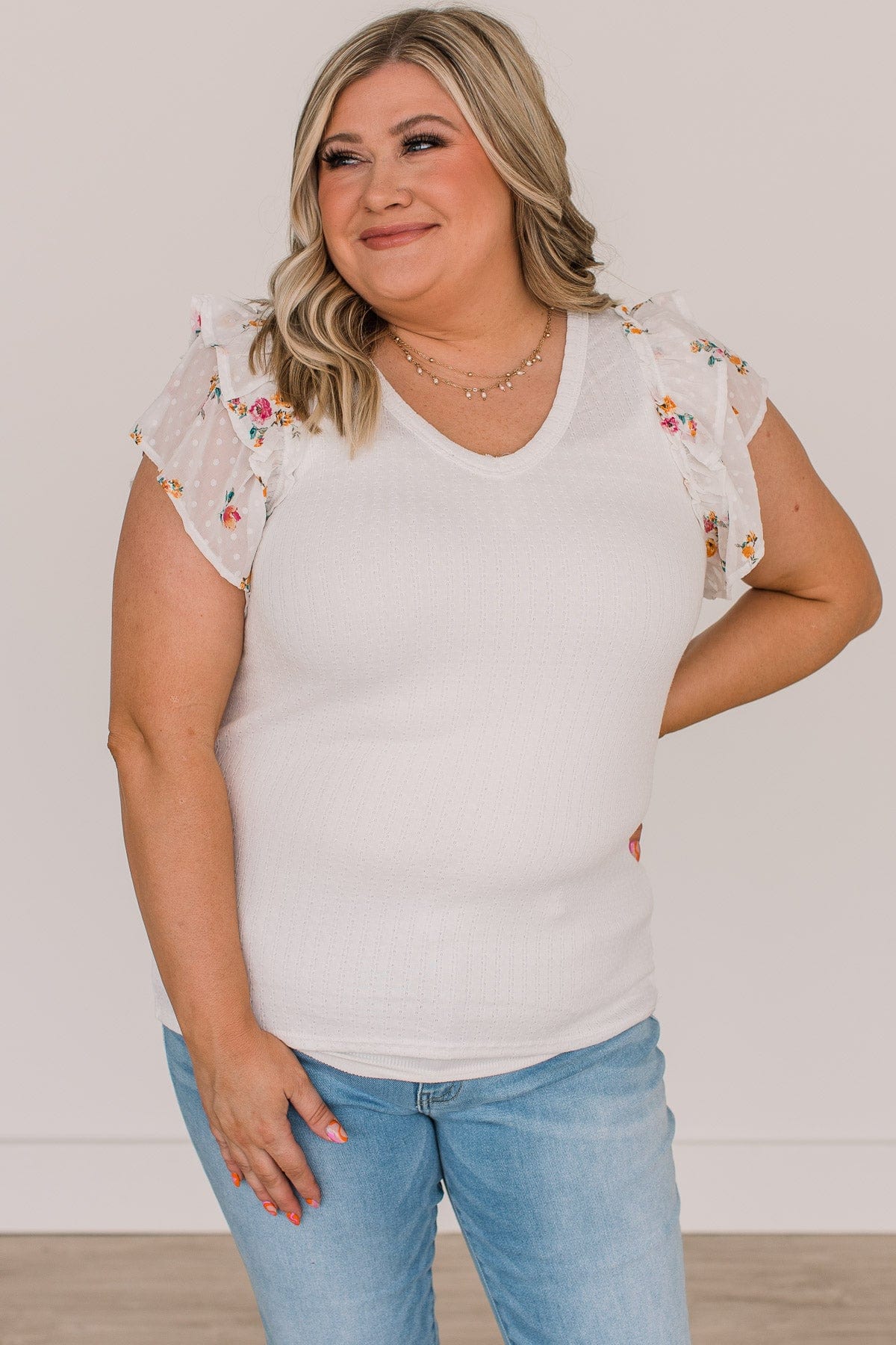 Take You There Ruffle Sleeve Top- Off-White