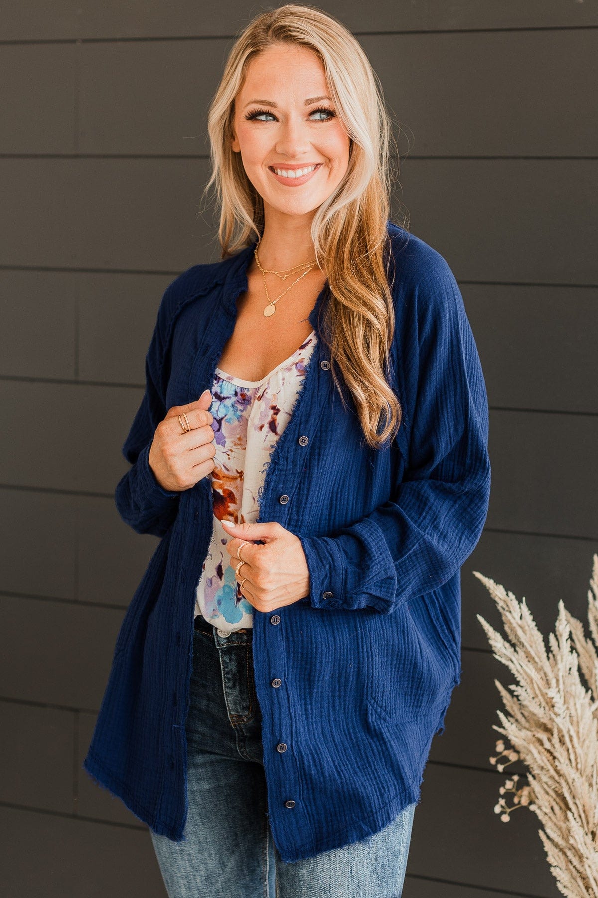 All Around Amazed Button Top- Navy