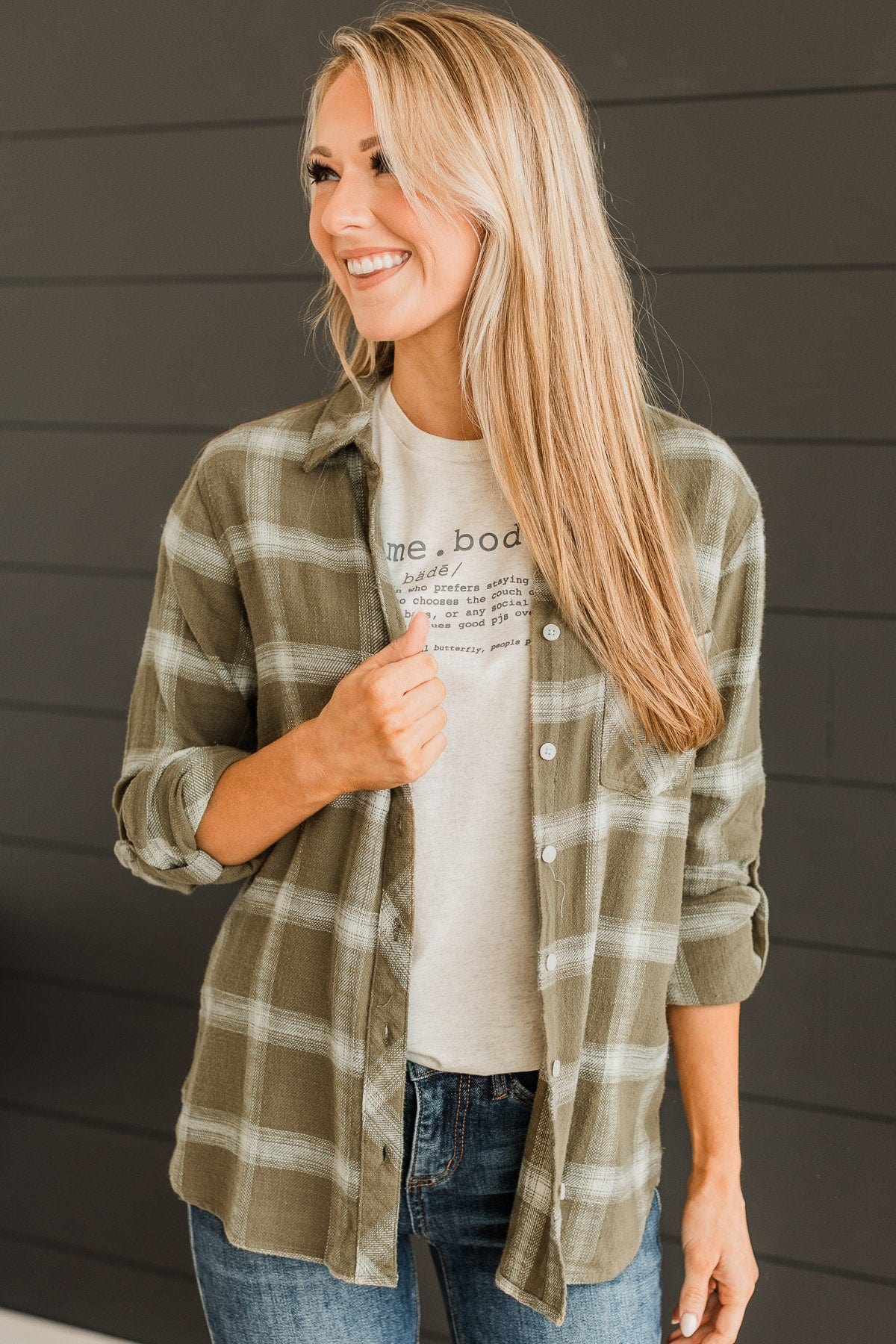 Thread & Supply Promises Made Plaid Top- Olive