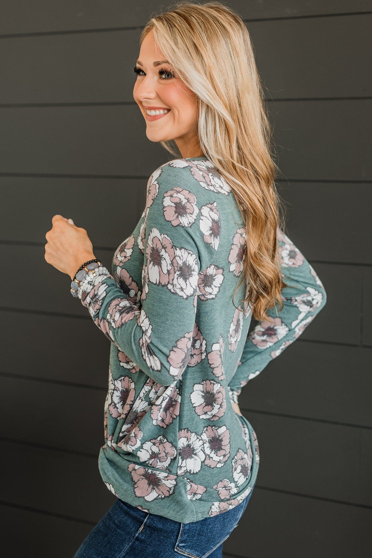 Beaming With Bliss Floral Top- Dusty Teal