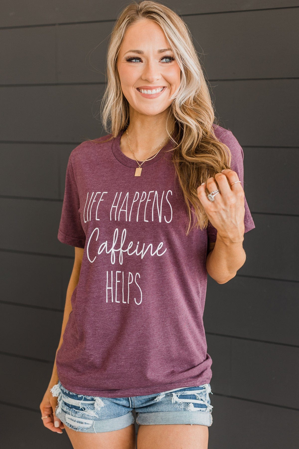 "Life Happens, Caffeine Helps" Graphic Tee- Plum