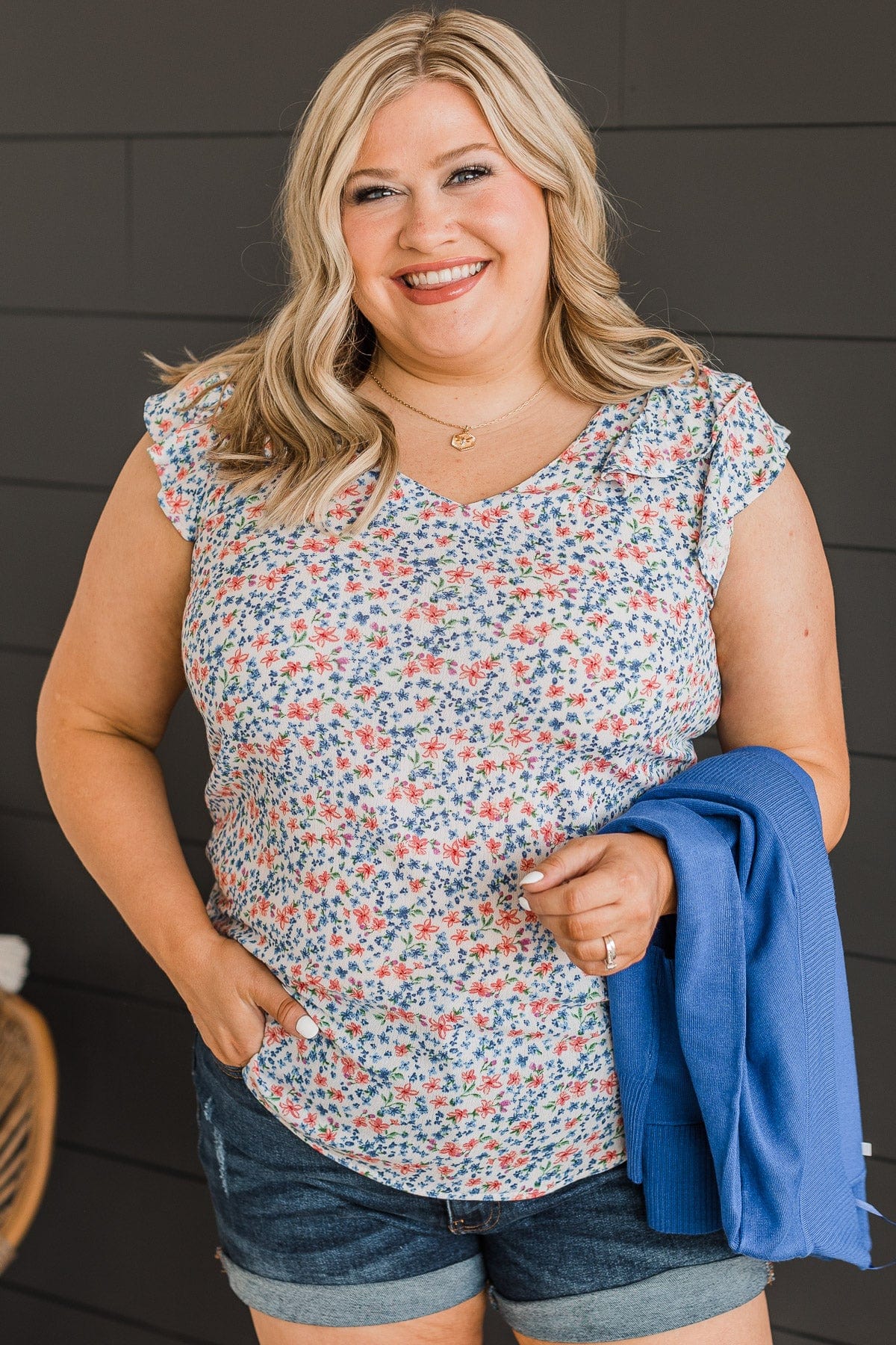 Cherished Forever Floral Top- Ivory & Royal Blue
