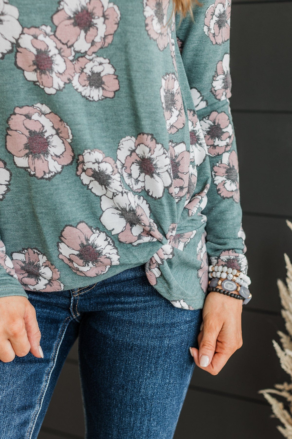 Beaming With Bliss Floral Top- Dusty Teal