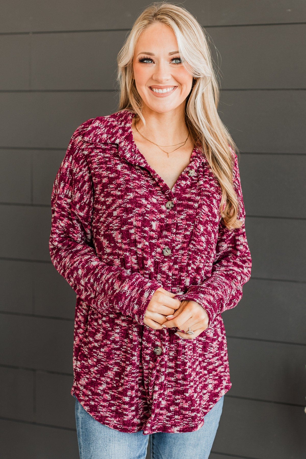 Think About Me Knit Shirt Jacket- Burgundy & Pink