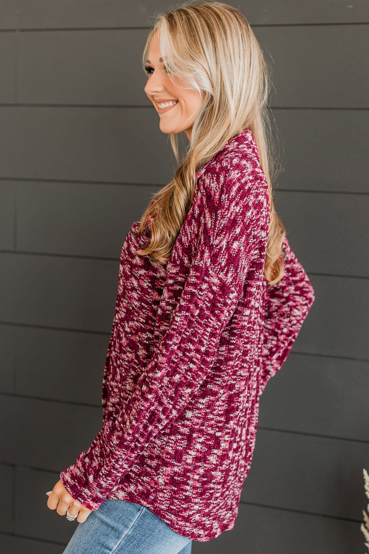 Think About Me Knit Shirt Jacket- Burgundy & Pink