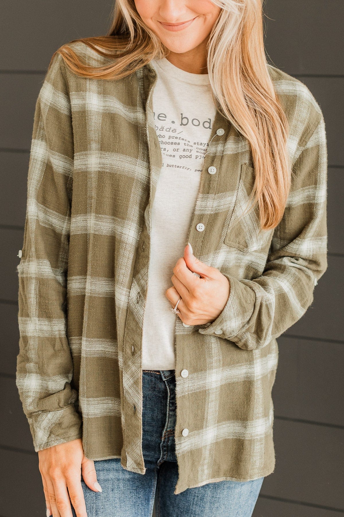 Thread & Supply Promises Made Plaid Top- Olive