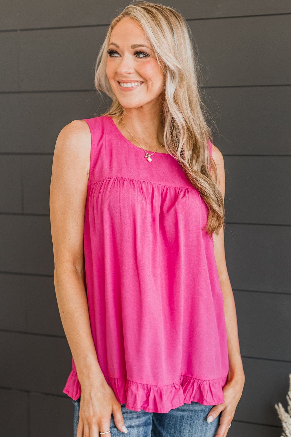True To Yourself Ruffled Tank- Hot Pink