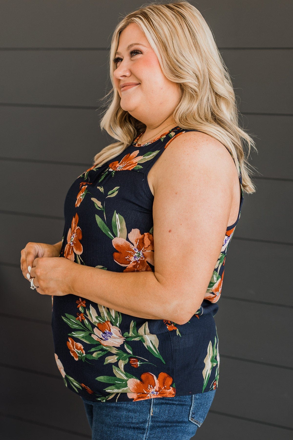 Intrigued By You Floral Tank Top- Navy
