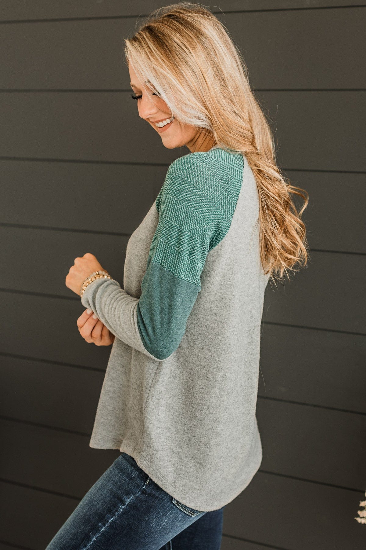 Alluring Smiles Color Block Top- Grey & Olive