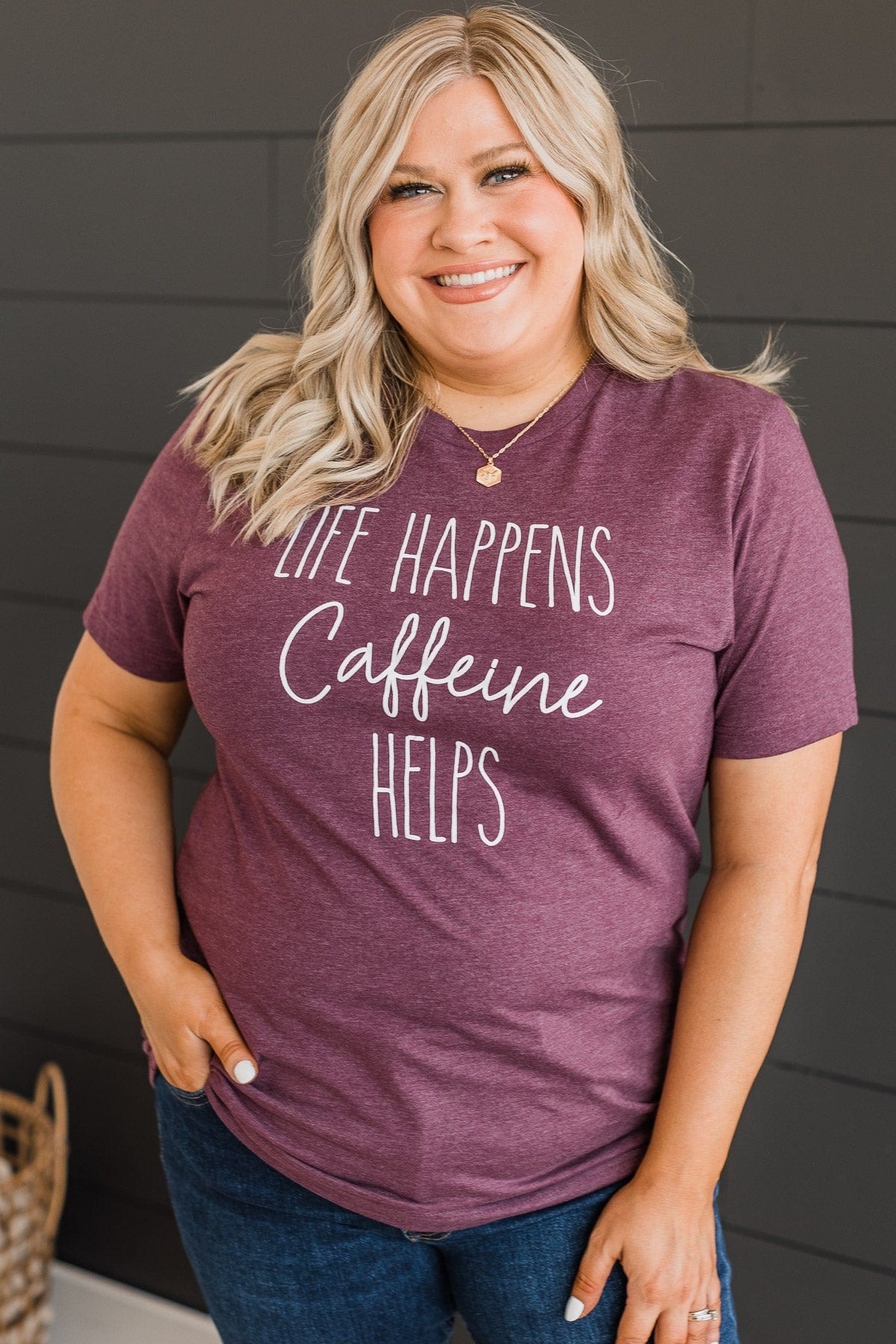 "Life Happens, Caffeine Helps" Graphic Tee- Plum