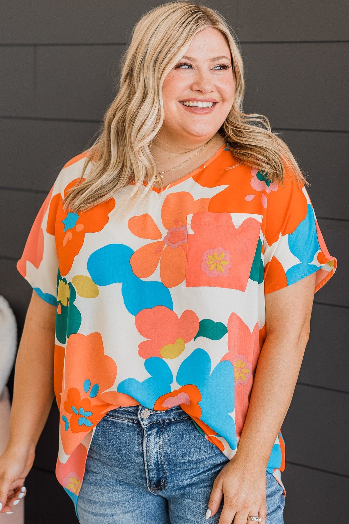 Cascade Of Color Floral Top- Ivory & Orange