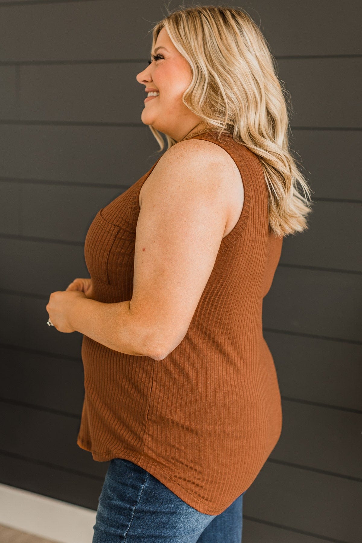 Just Peachy Ribbed Tank Top- Dark Camel