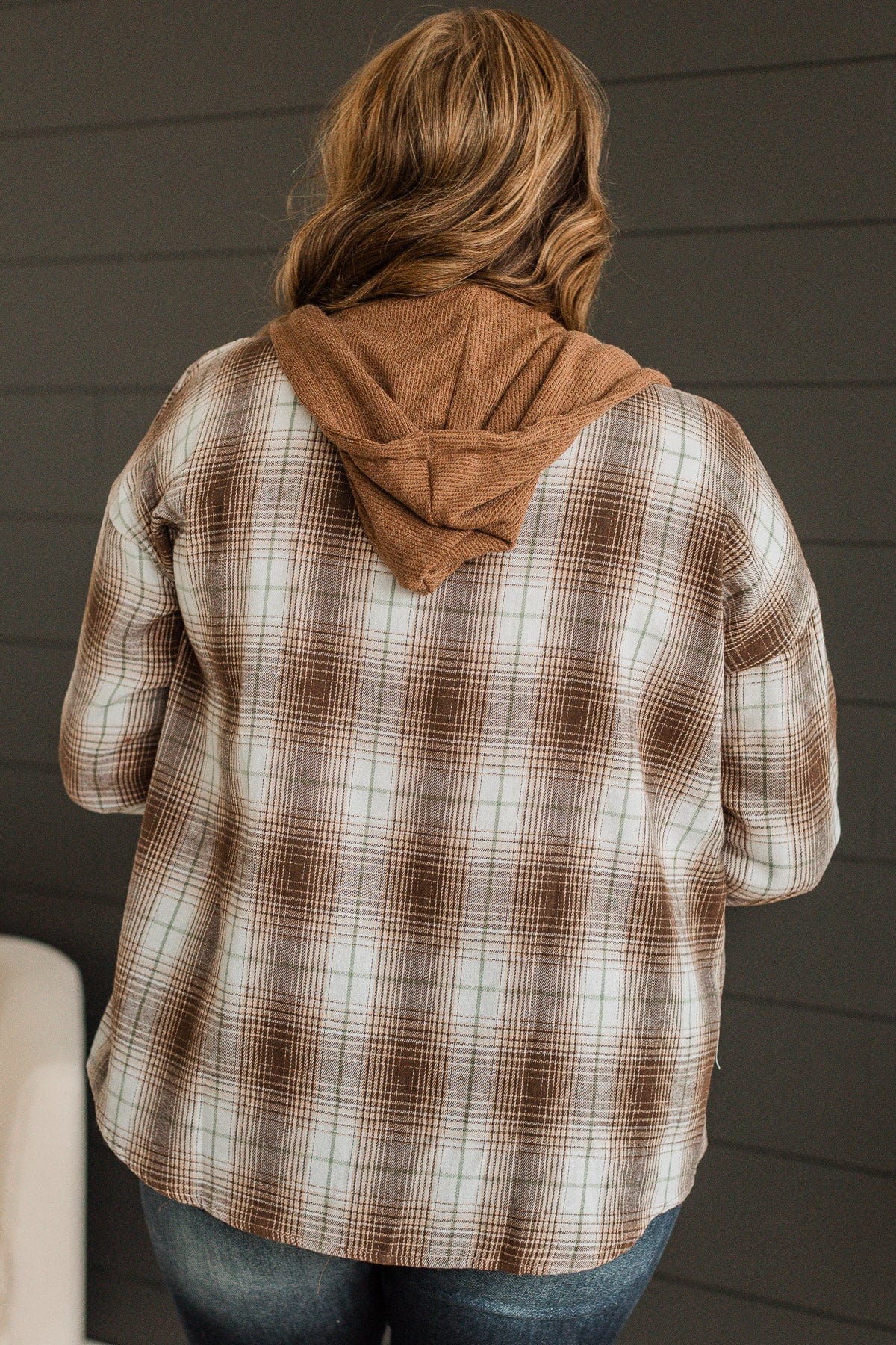 At Your Leisure Hooded Plaid Top- Brown