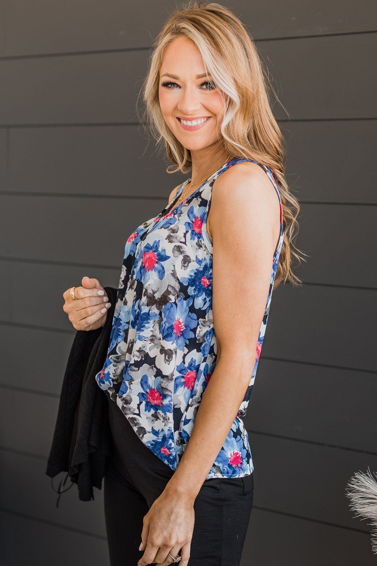 Meant To Be Together Floral Tank Top- Black & Royal Blue