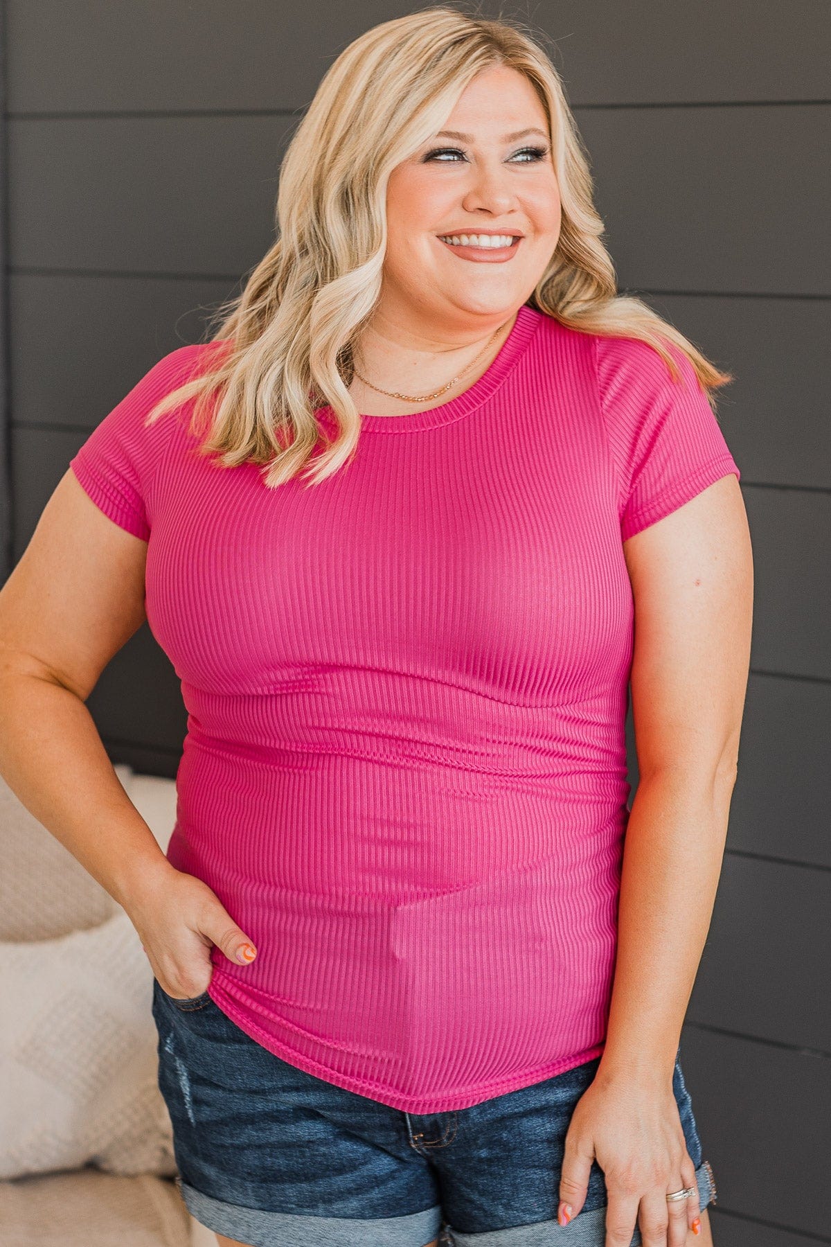 Together At Last Ribbed Knit Top- Bright Pink