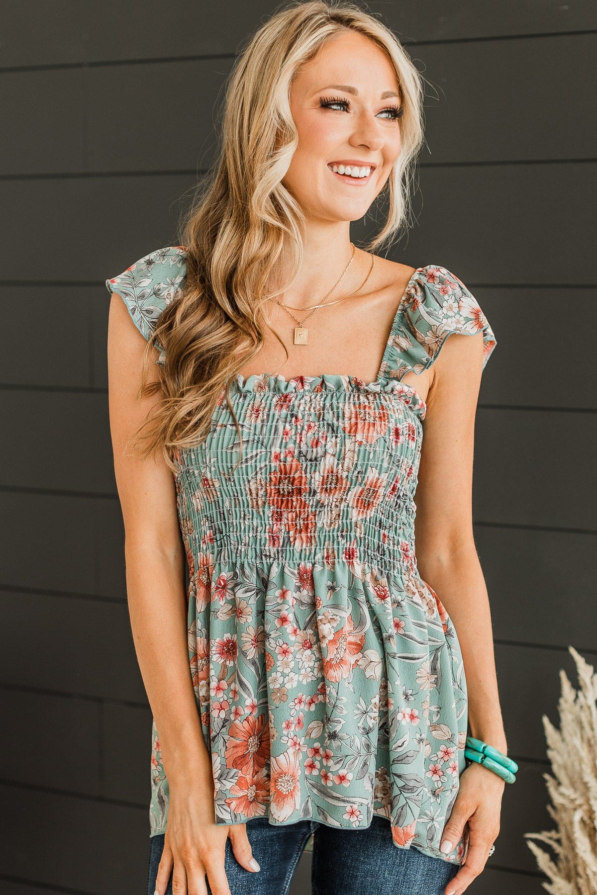 Love Of Your Life Floral Tank Top- Dusty Teal