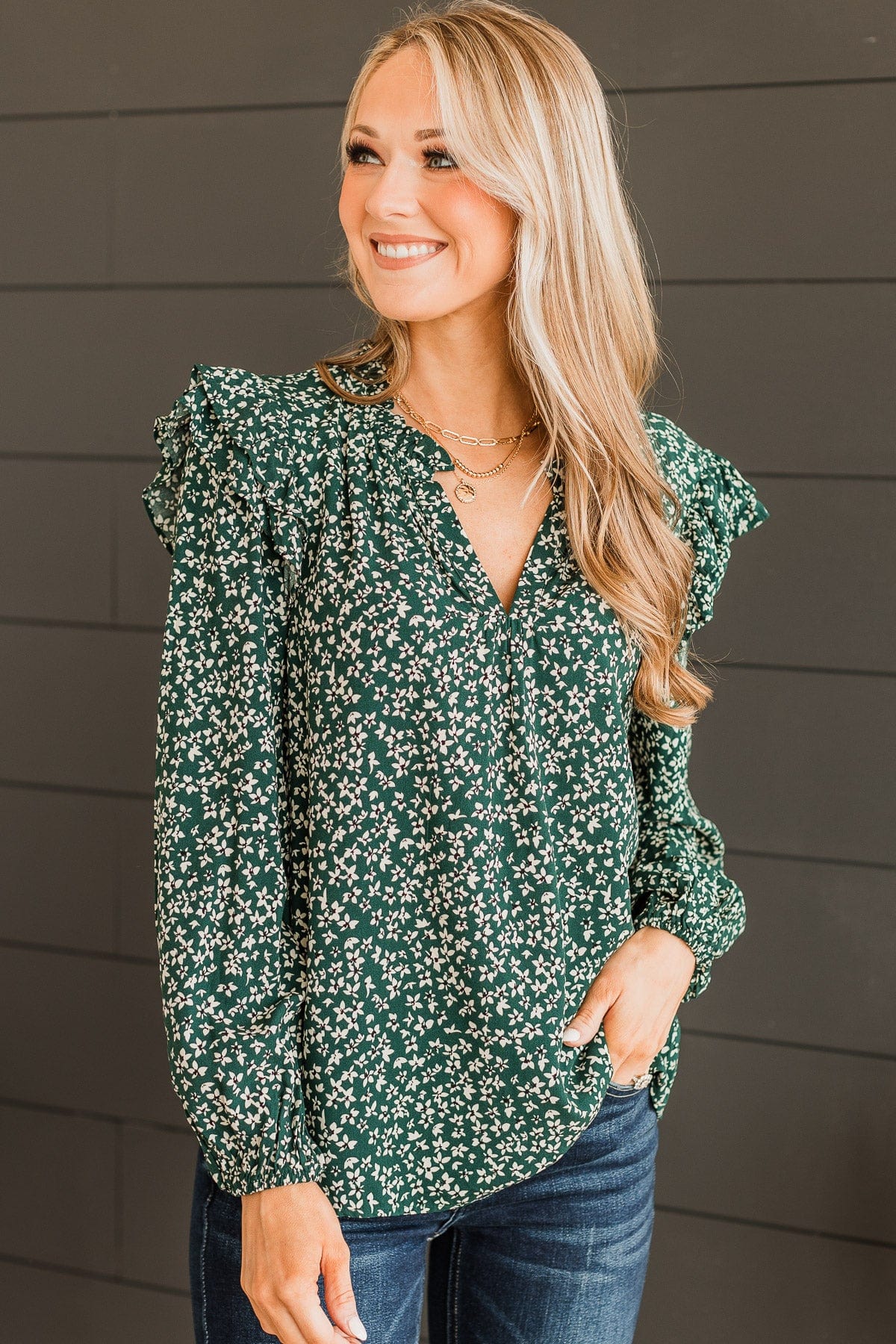 Celebrate Together Floral Blouse- Hunter Green