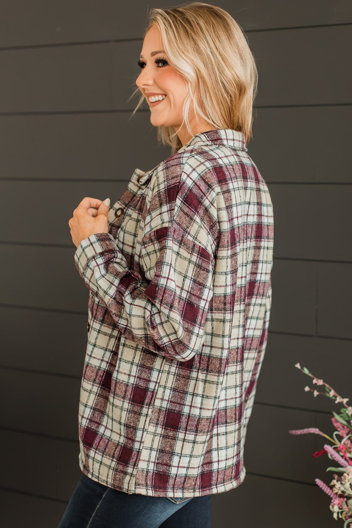 Campfire Nights Plaid Jacket- Plum & Beige