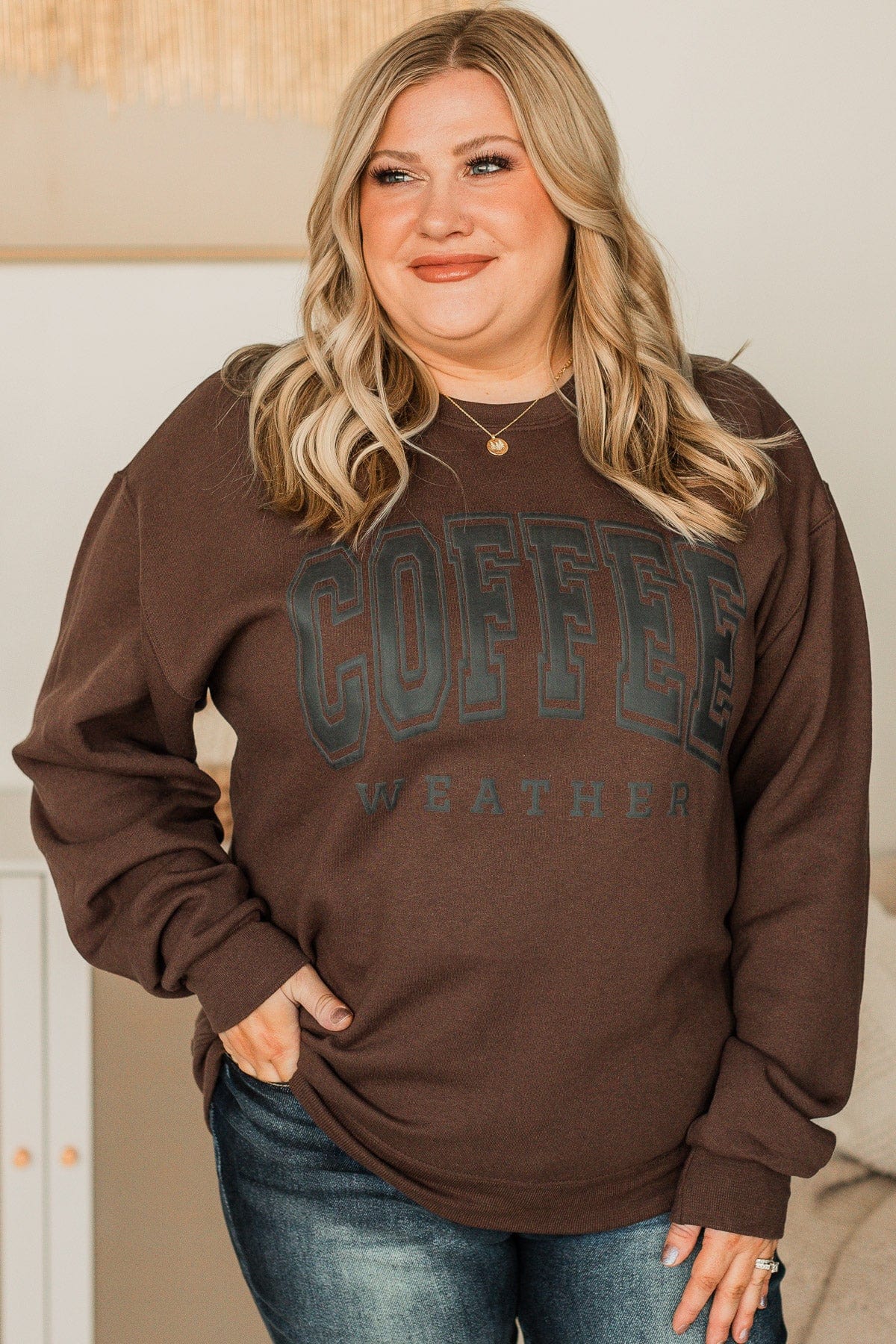 "Coffee Weather" Crew Neck Pullover- Dark Brown
