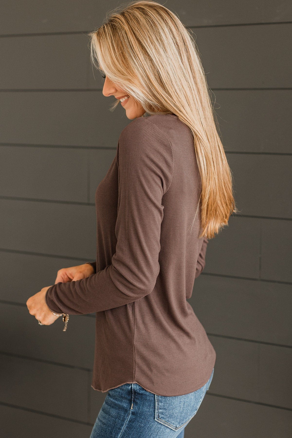 Rise To The Top Knit Henley Top- Dark Brown