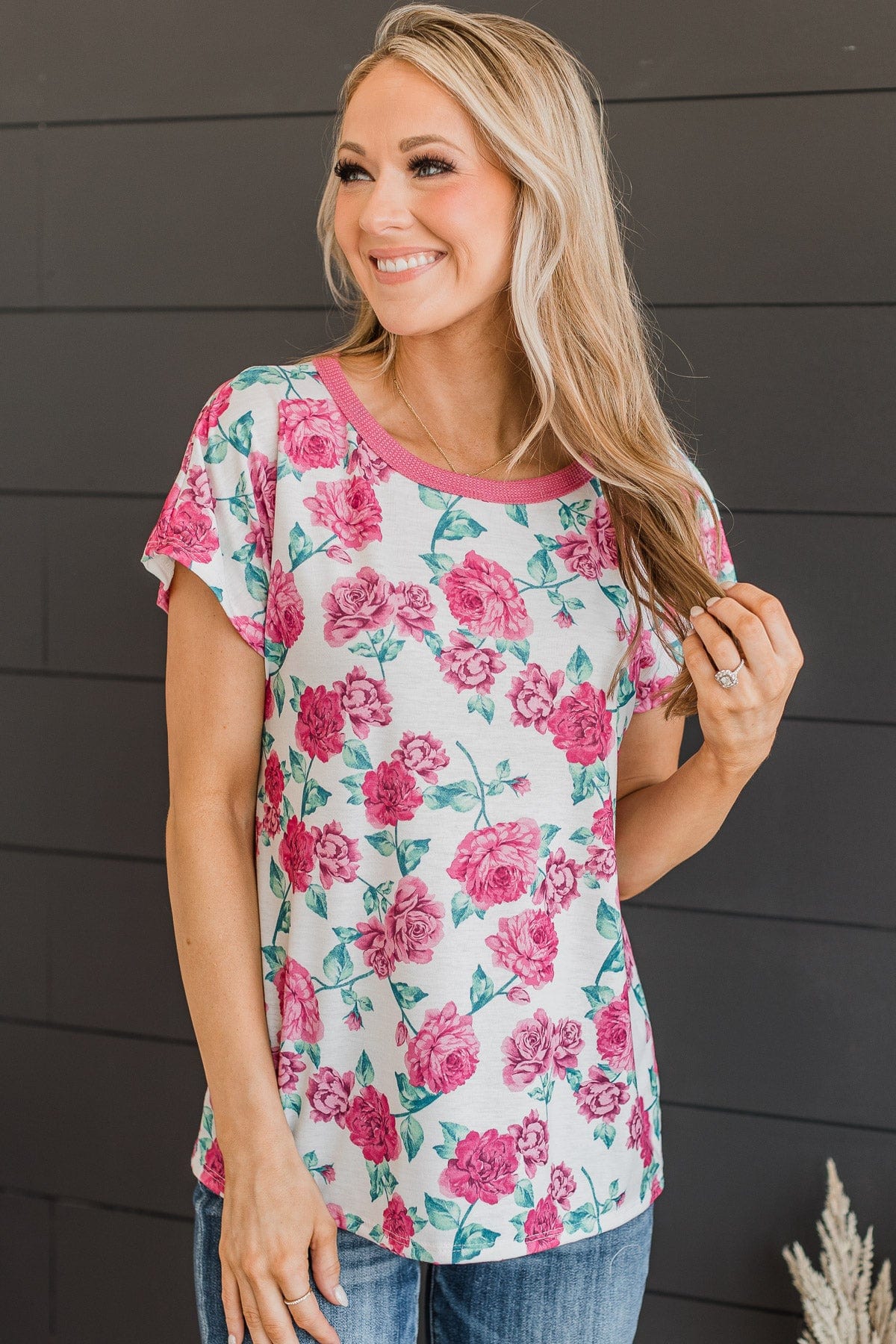Smell The Roses Floral Top- Ivory & Fuchsia