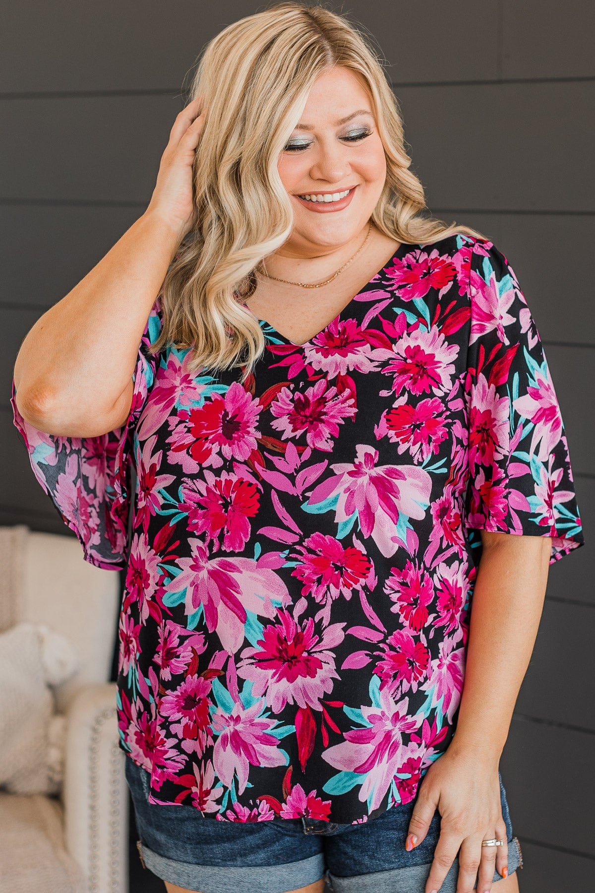 Unlimited Passion Floral Knit Top- Black & Fuchsia