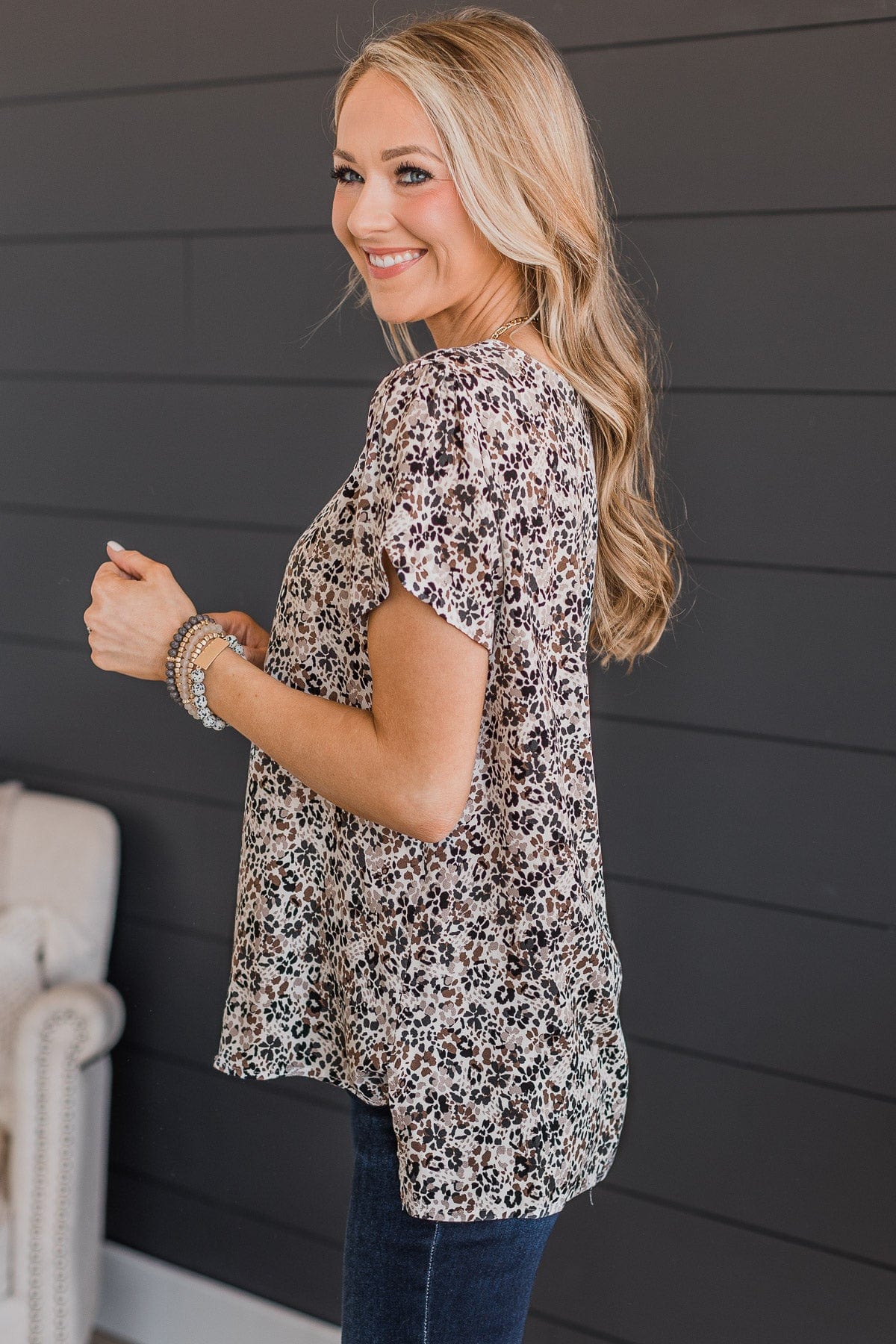 Calling For You Printed Top- Ivory, Charcoal, & Mocha