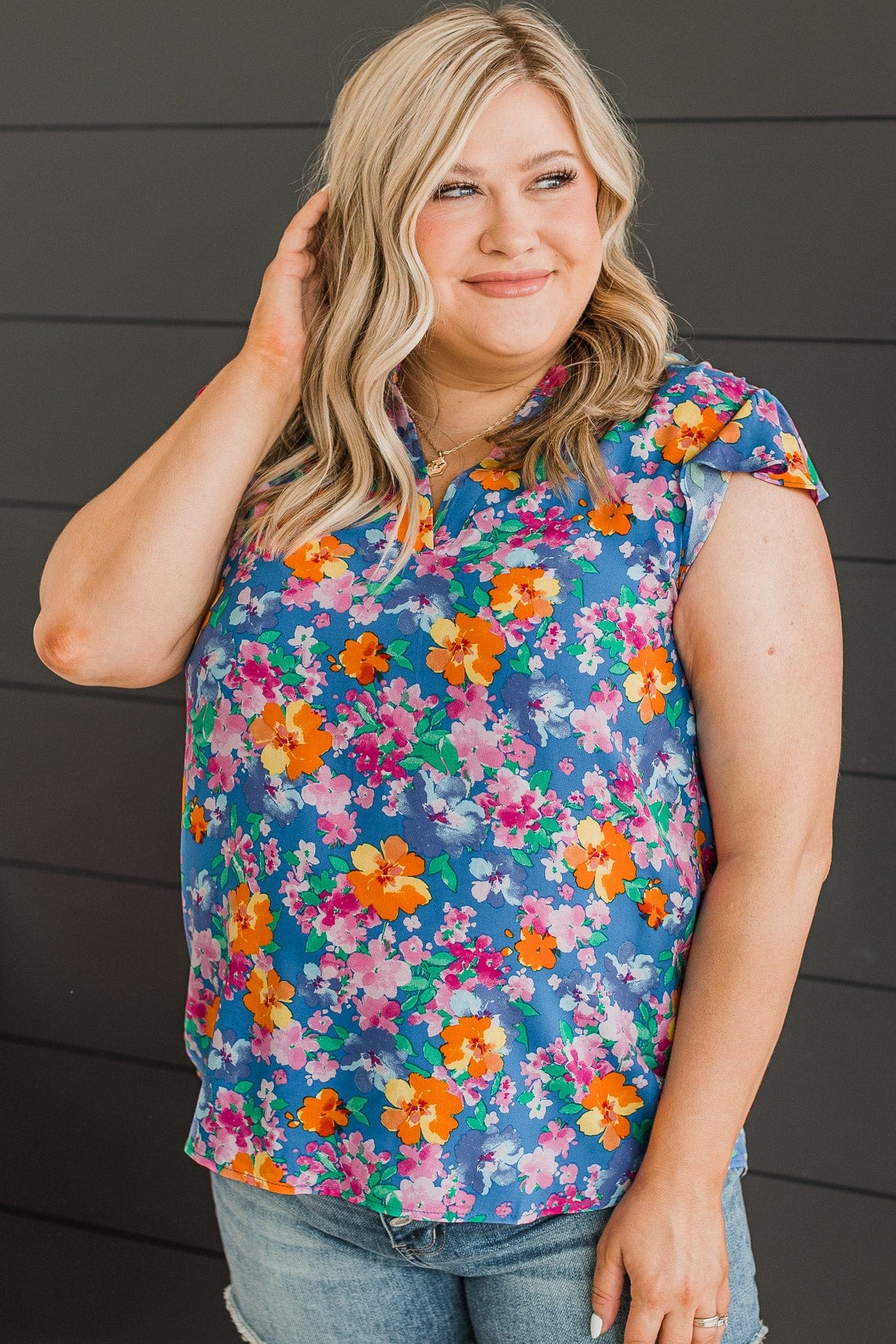 It's A New Day Floral Blouse- Royal Blue & Orange