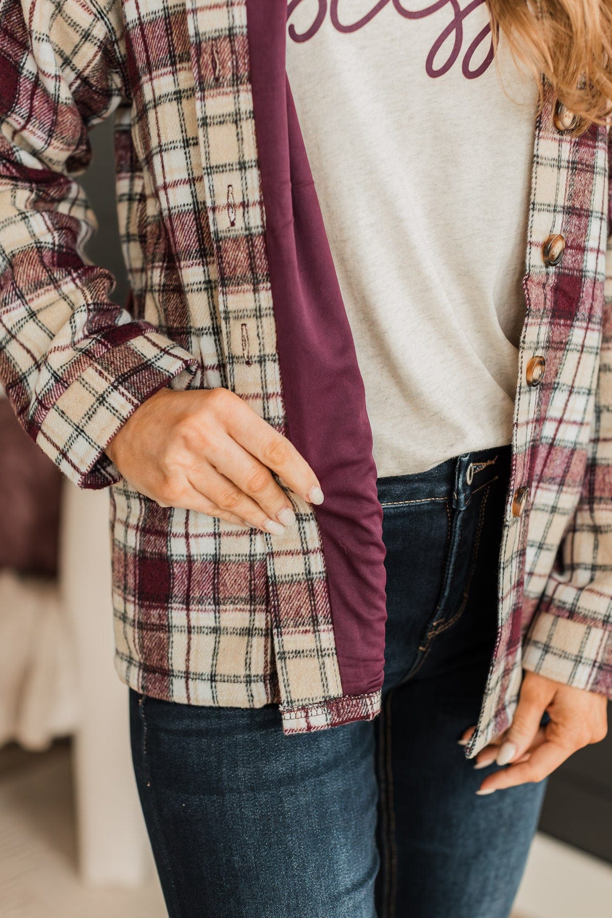 Campfire Nights Plaid Jacket- Plum & Beige