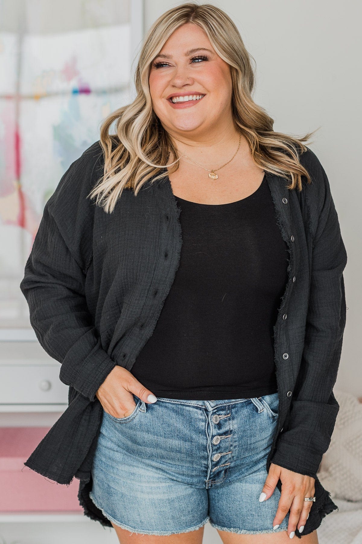 All Around Amazed Button Top- Black
