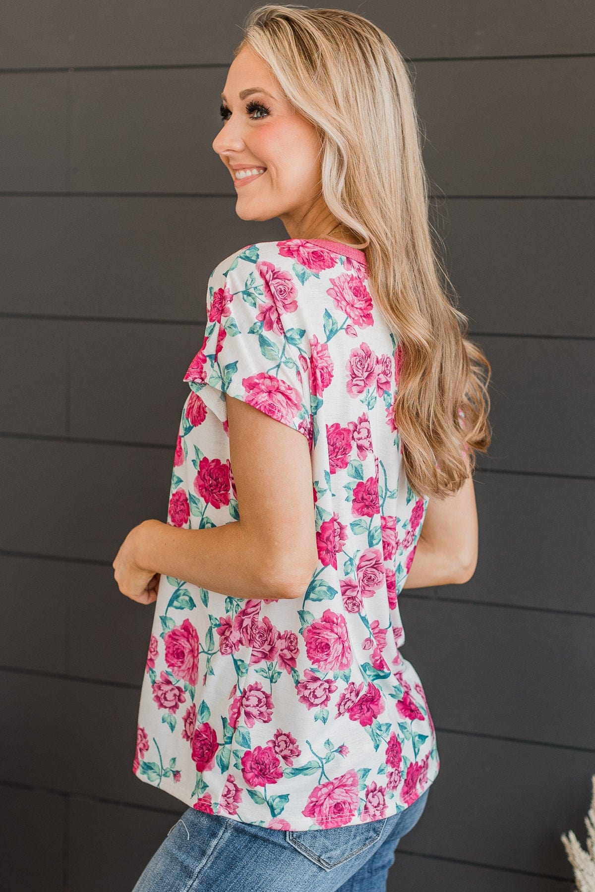 Smell The Roses Floral Top- Ivory & Fuchsia
