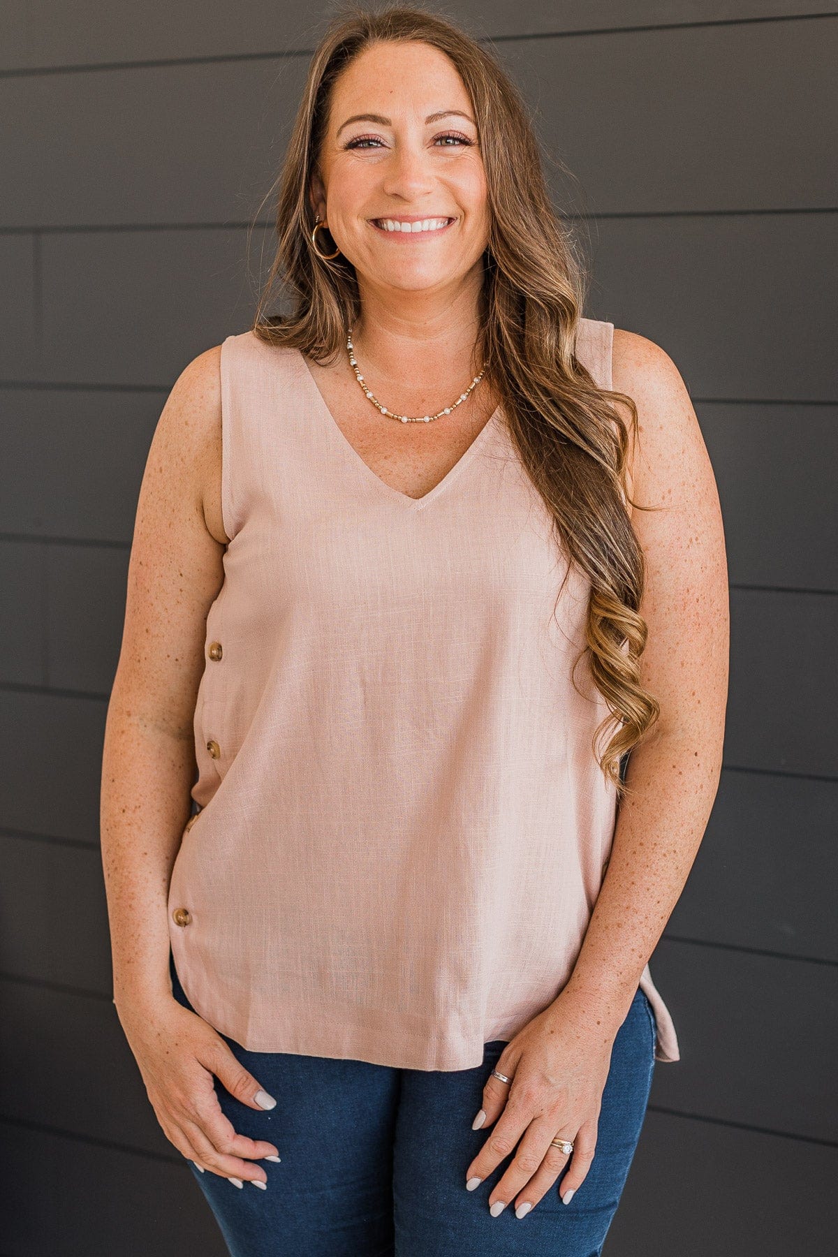 Awaited Love Button Tank Top- Blush