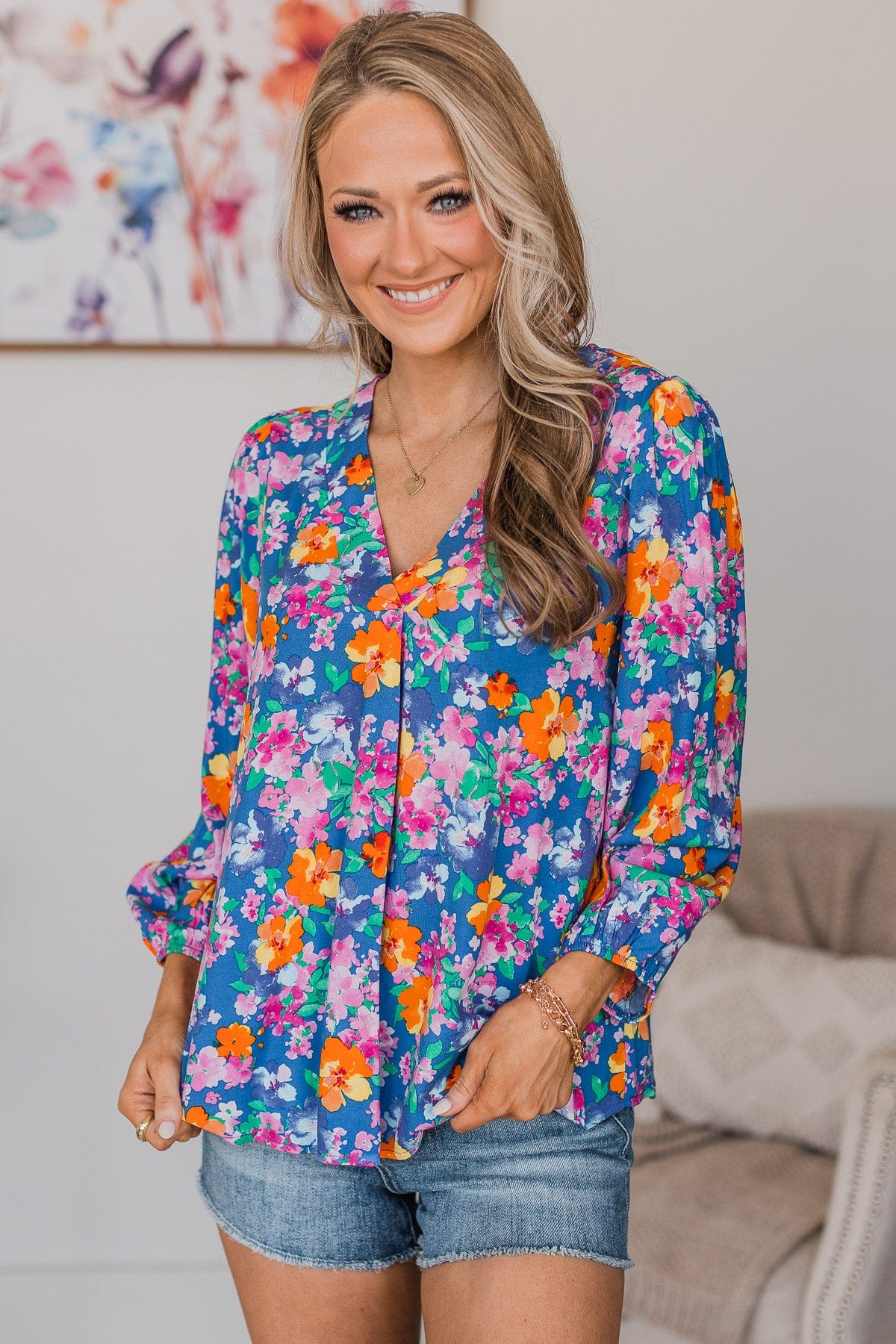 royal blue floral blouse