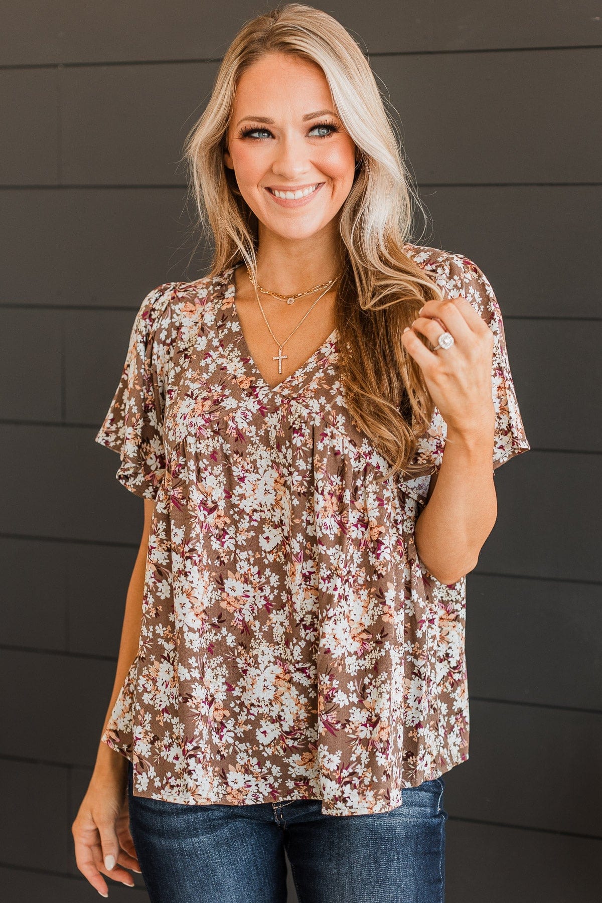 Reminisce With Me Floral Top- Brown