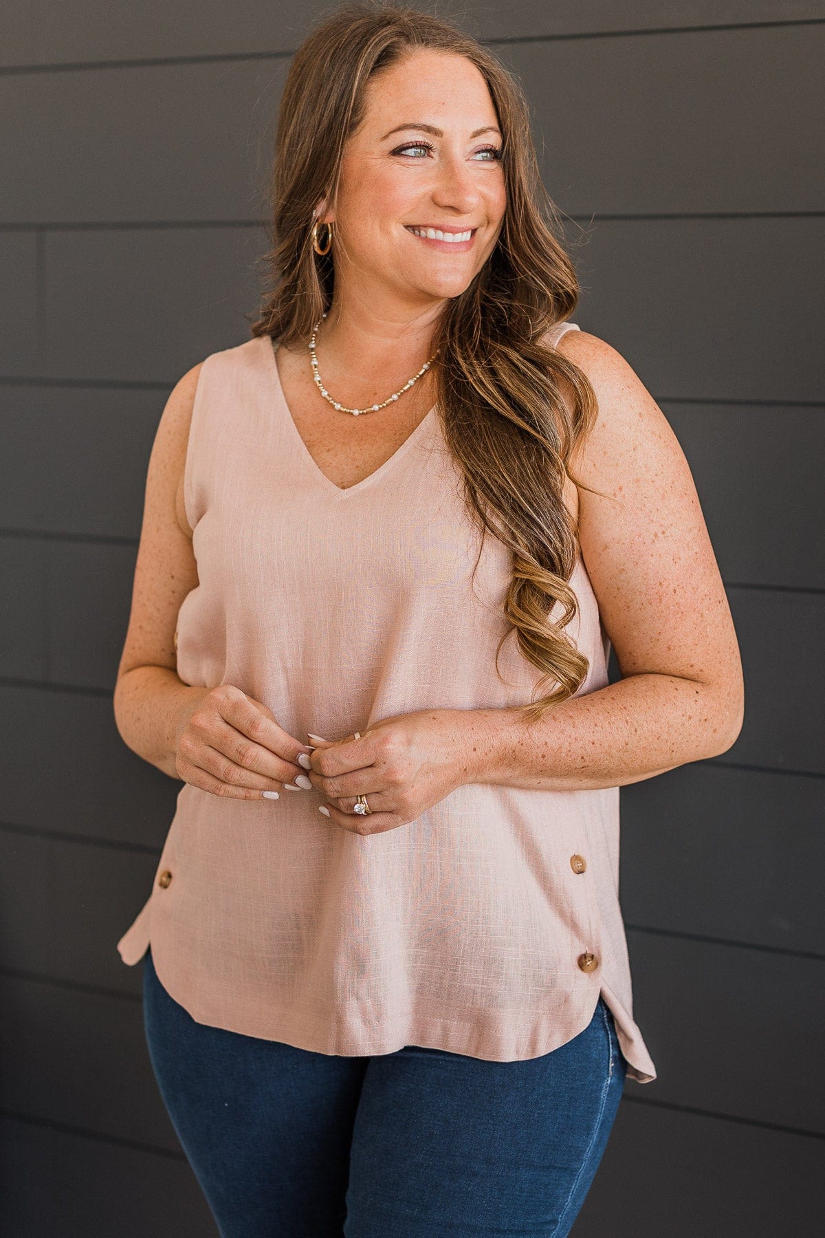 Awaited Love Button Tank Top- Blush