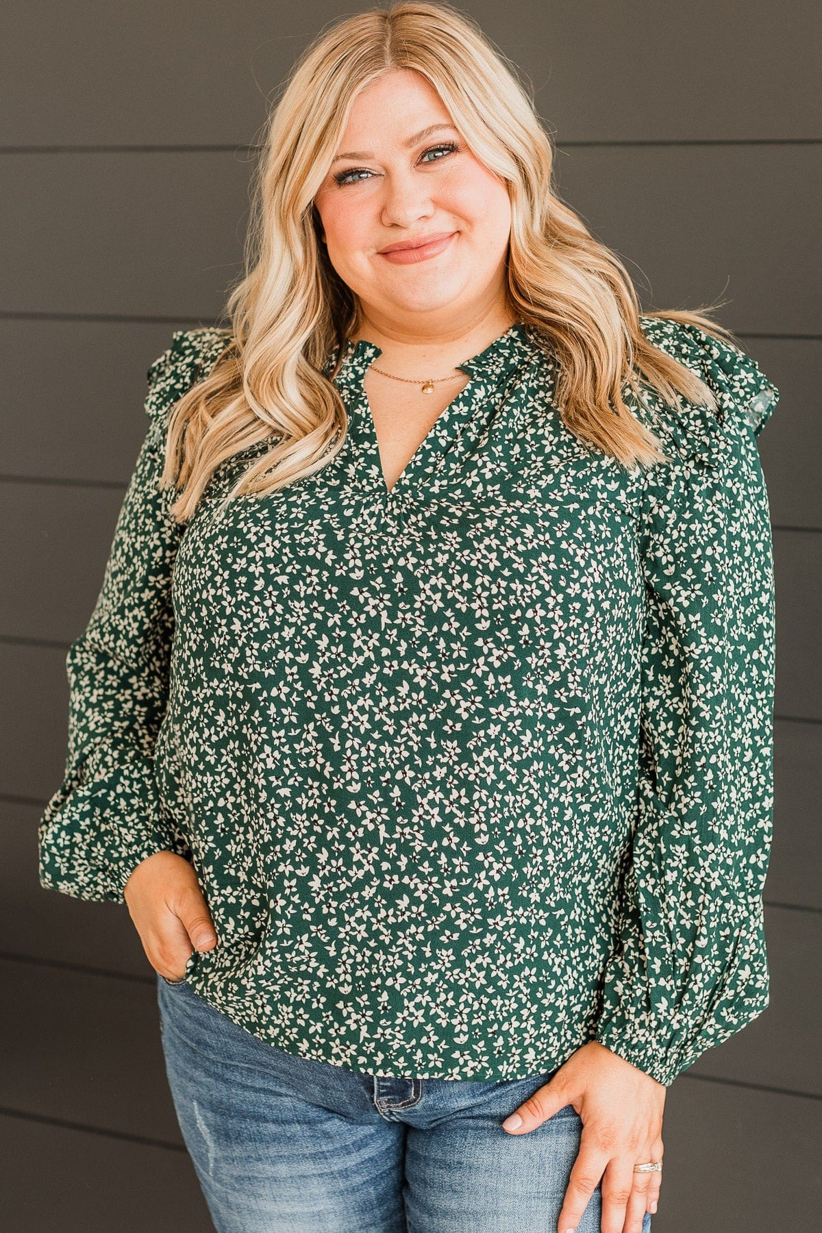 Celebrate Together Floral Blouse- Hunter Green