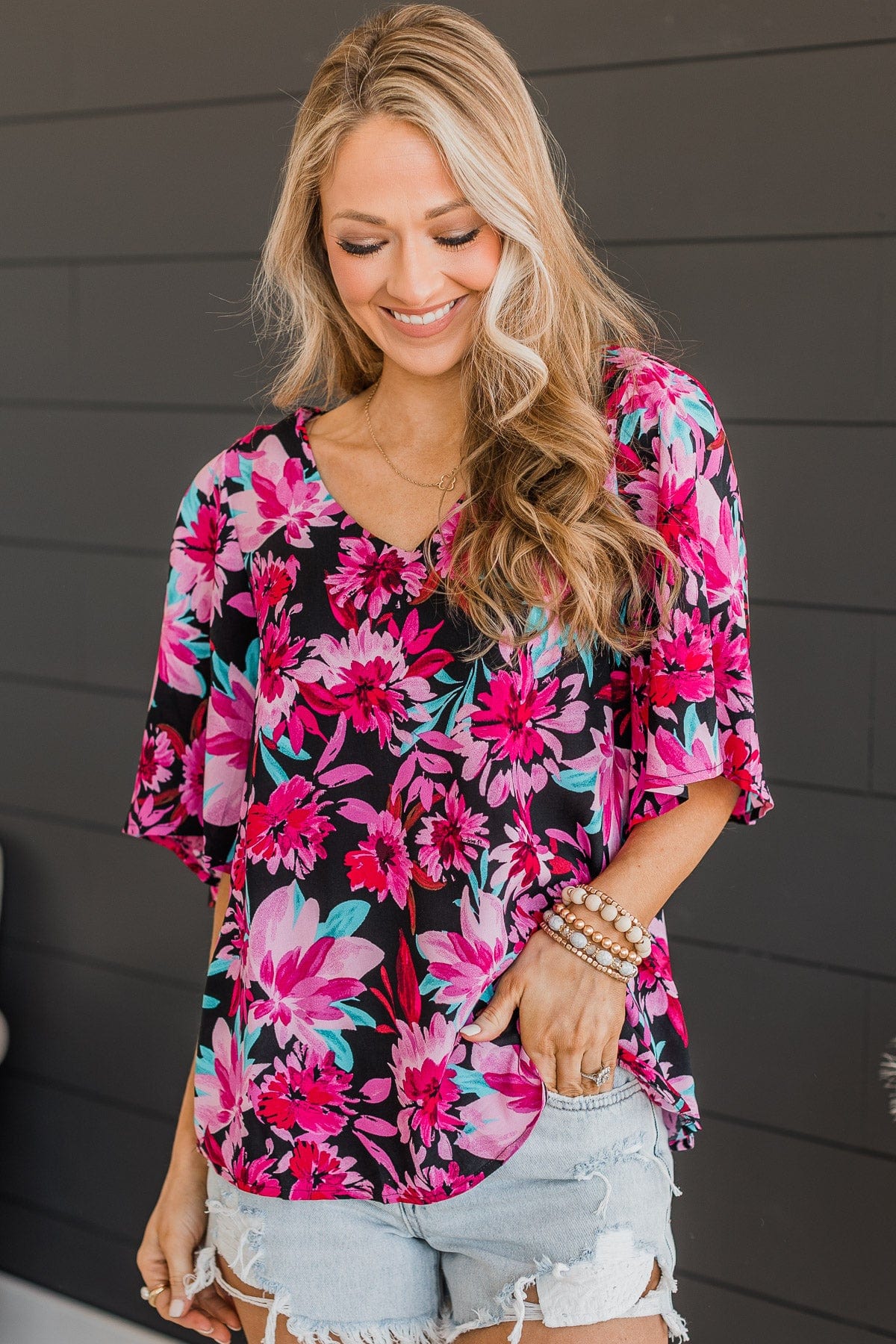 Unlimited Passion Floral Knit Top- Black & Fuchsia