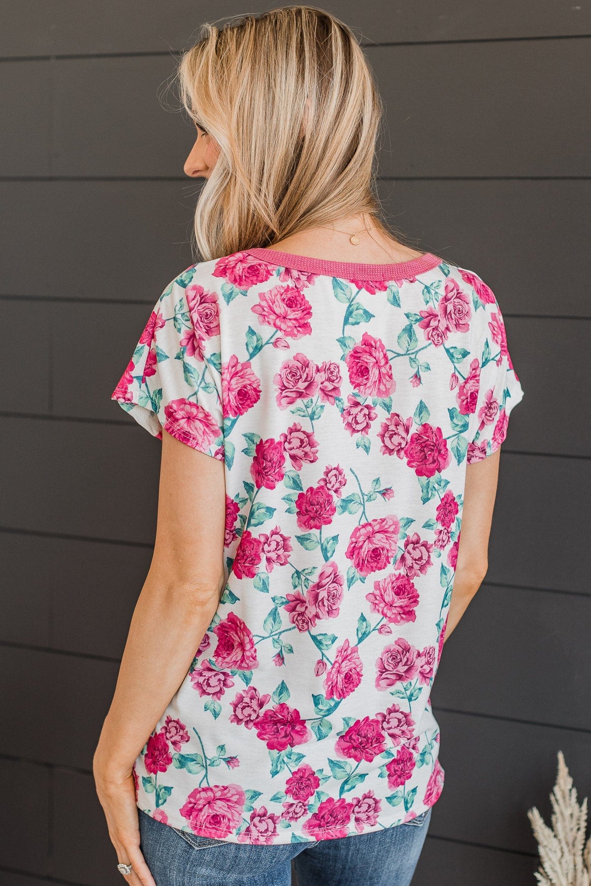Smell The Roses Floral Top- Ivory & Fuchsia