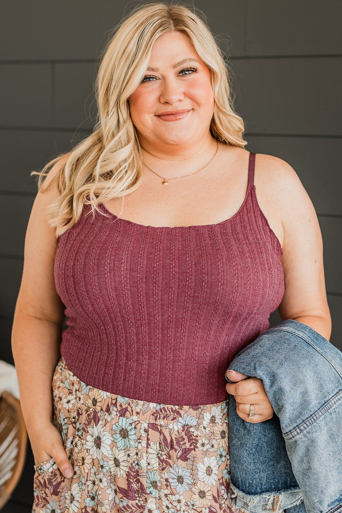 Happiness Is Within Ribbed Tank- Dark Mauve