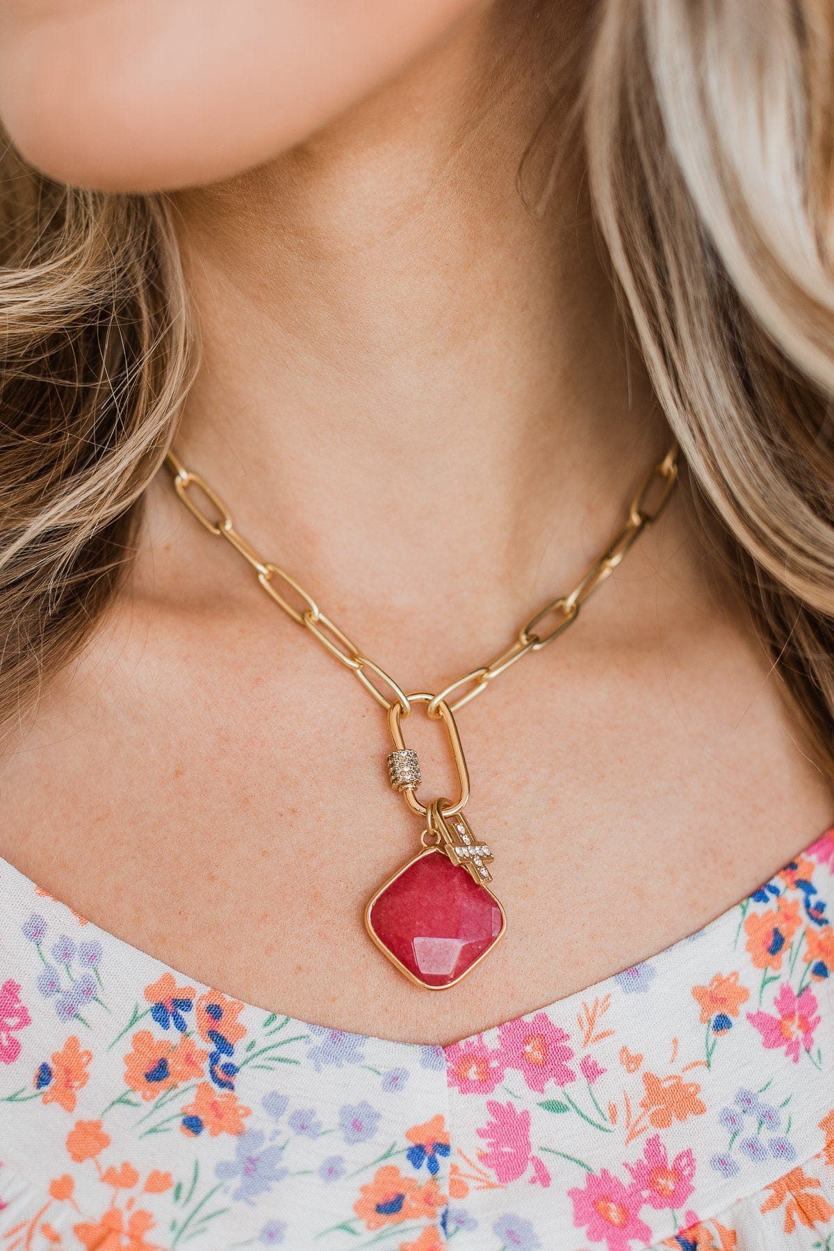 Top Of The List Gold Necklace- Hot Pink