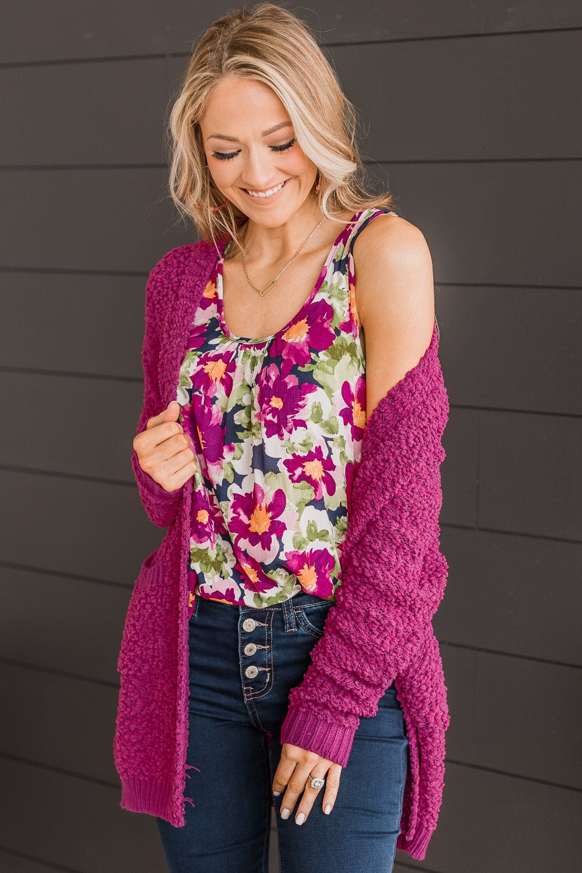 Bloom With Style Floral Tank Top- Navy & Magenta